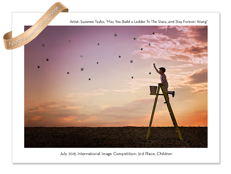 Award winning image of a young boy on a ladder at sunset placing stars in the sky Award Winning Red Deer Family Photography